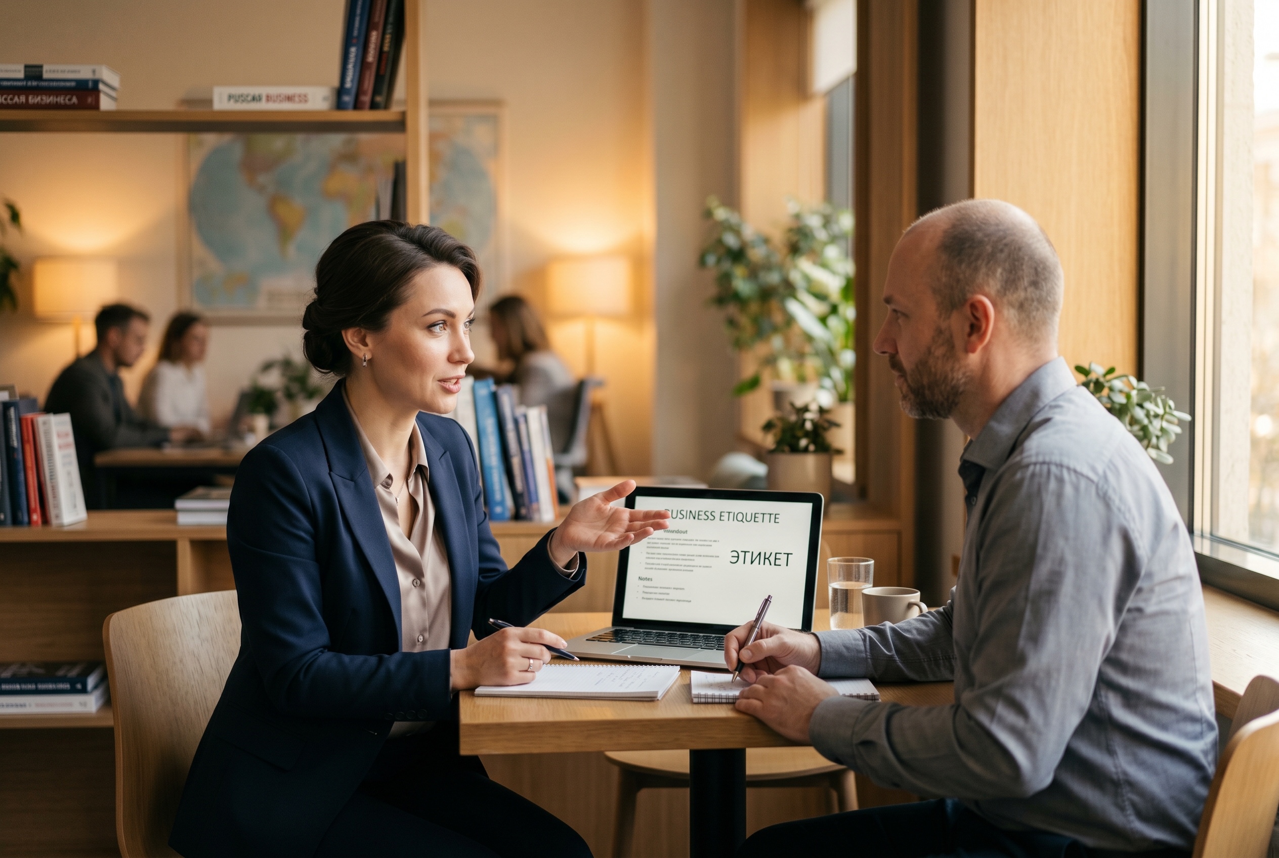 Business Russian tutor working with an American professional on email register and meeting protocol