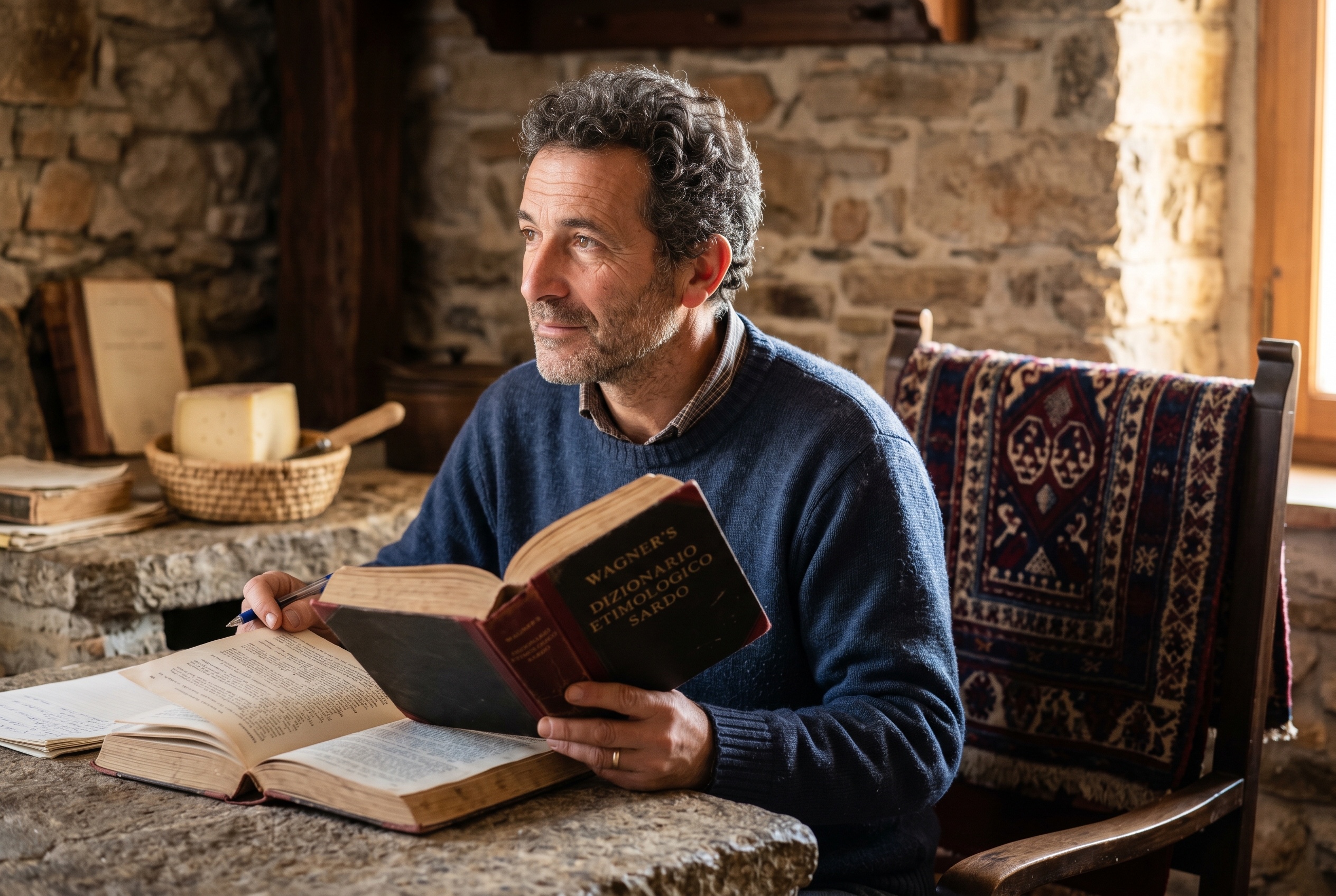 Sardo heritage-language tutor working with a student on a Sardinian village name list and Nuragic-era reference texts