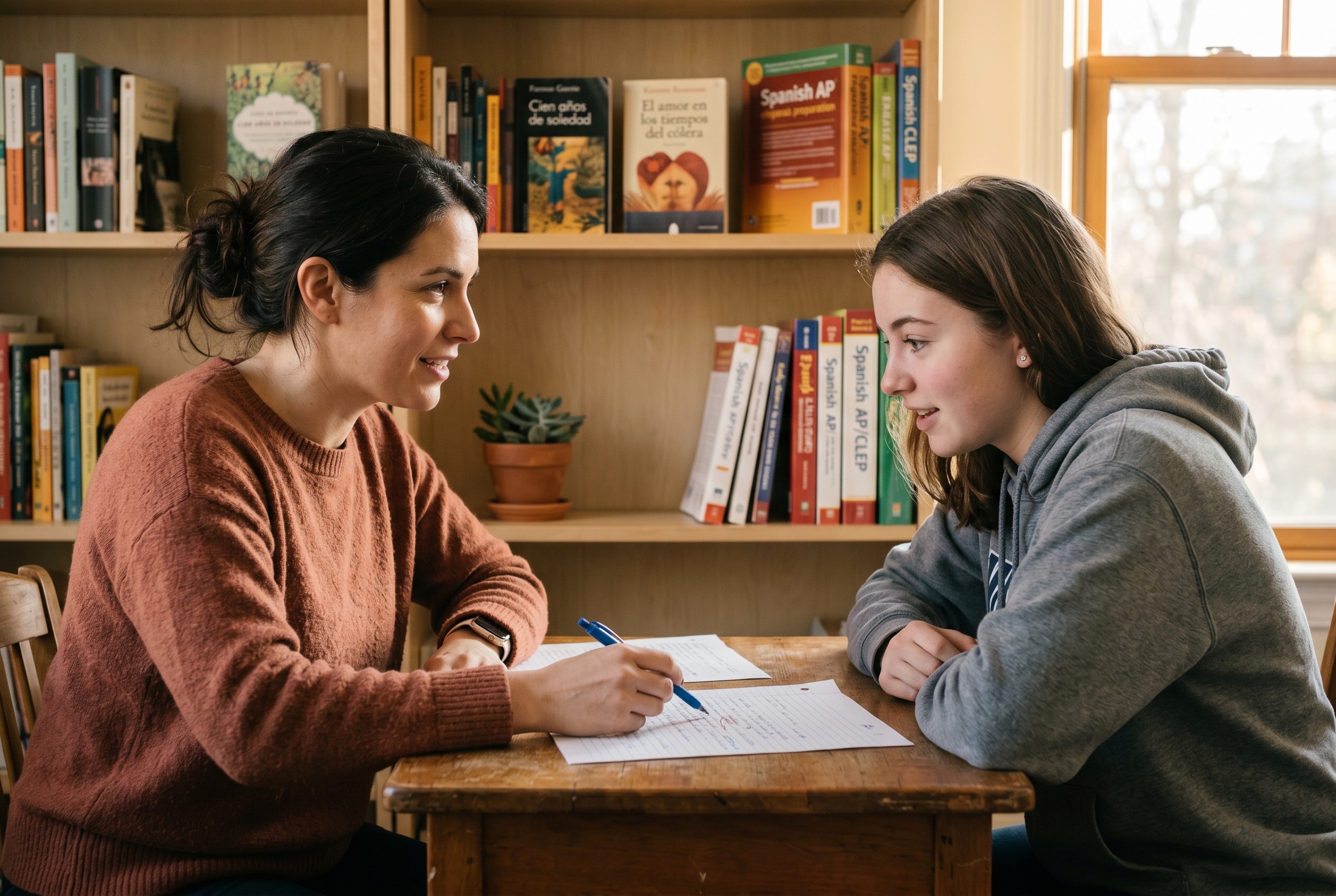 Spanish tutor and high school student reviewing a college-credit Spanish exam essay together