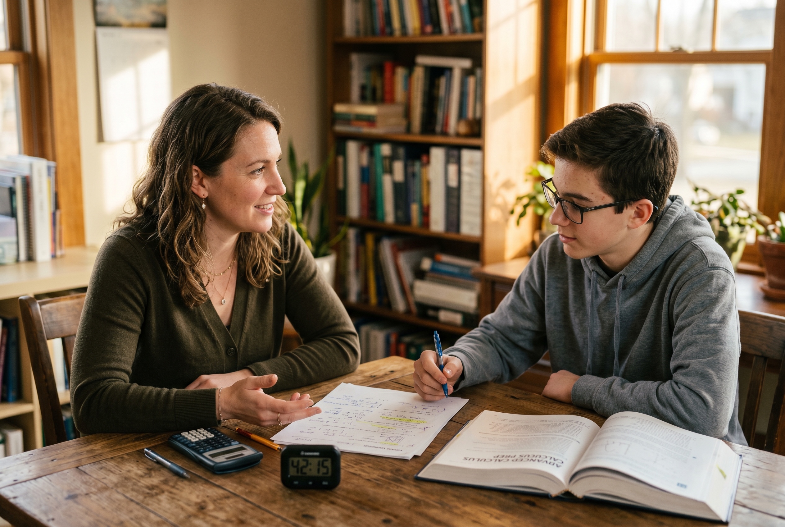 SAT prep tutor and high-school student working through a Bluebook practice test on a laptop