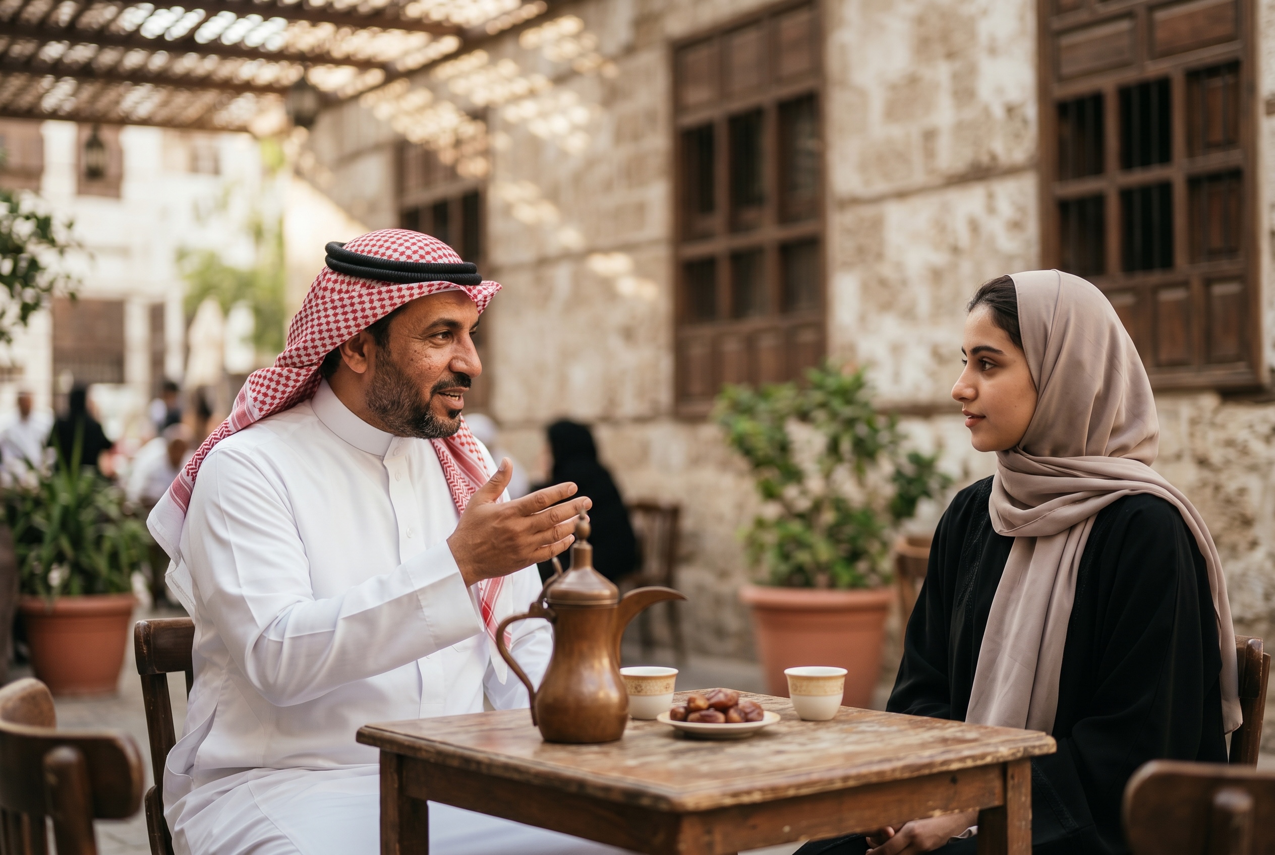 Hejazi Saudi Arabic tutor and adult student in conversation during a lesson — Strommen