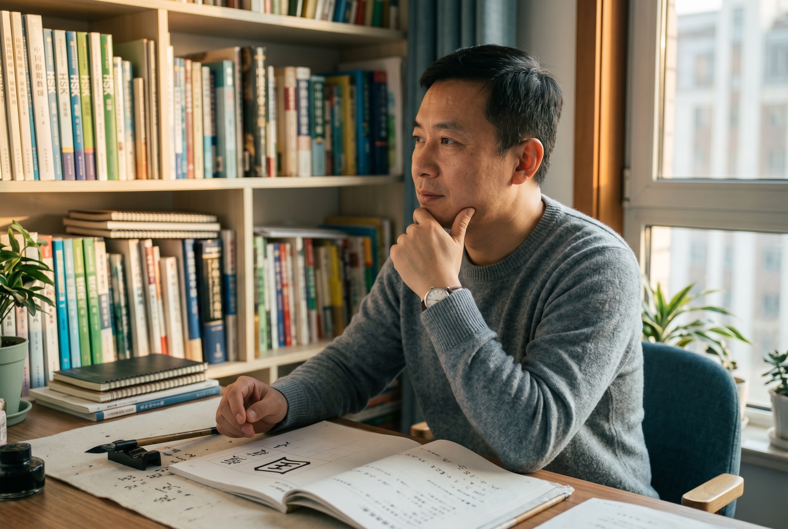 Simplified Chinese tutor and adult student working through character components on a sunlit study desk — Strommen