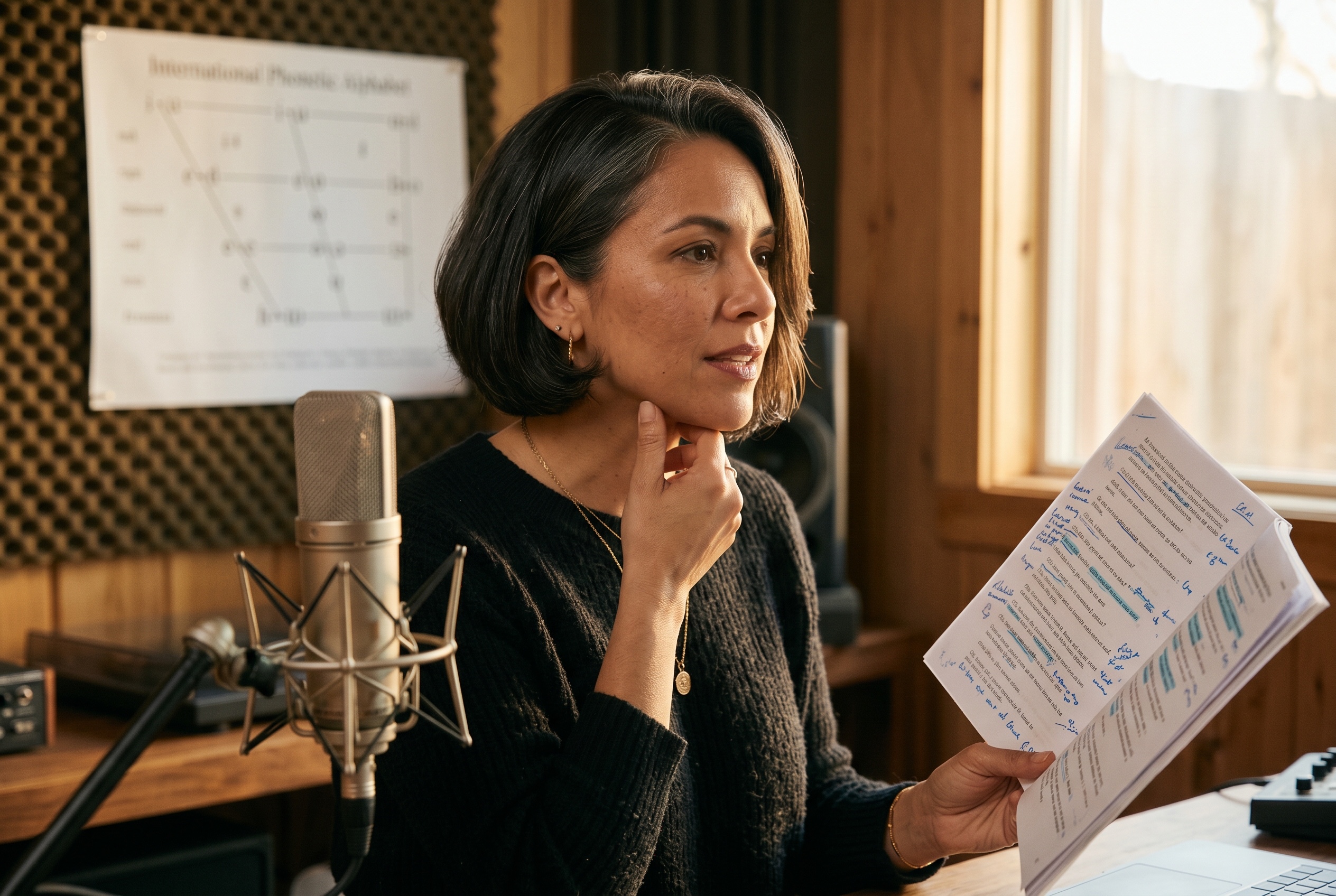 Spanish dialect coach working through a script with an actor in a sunlit studio