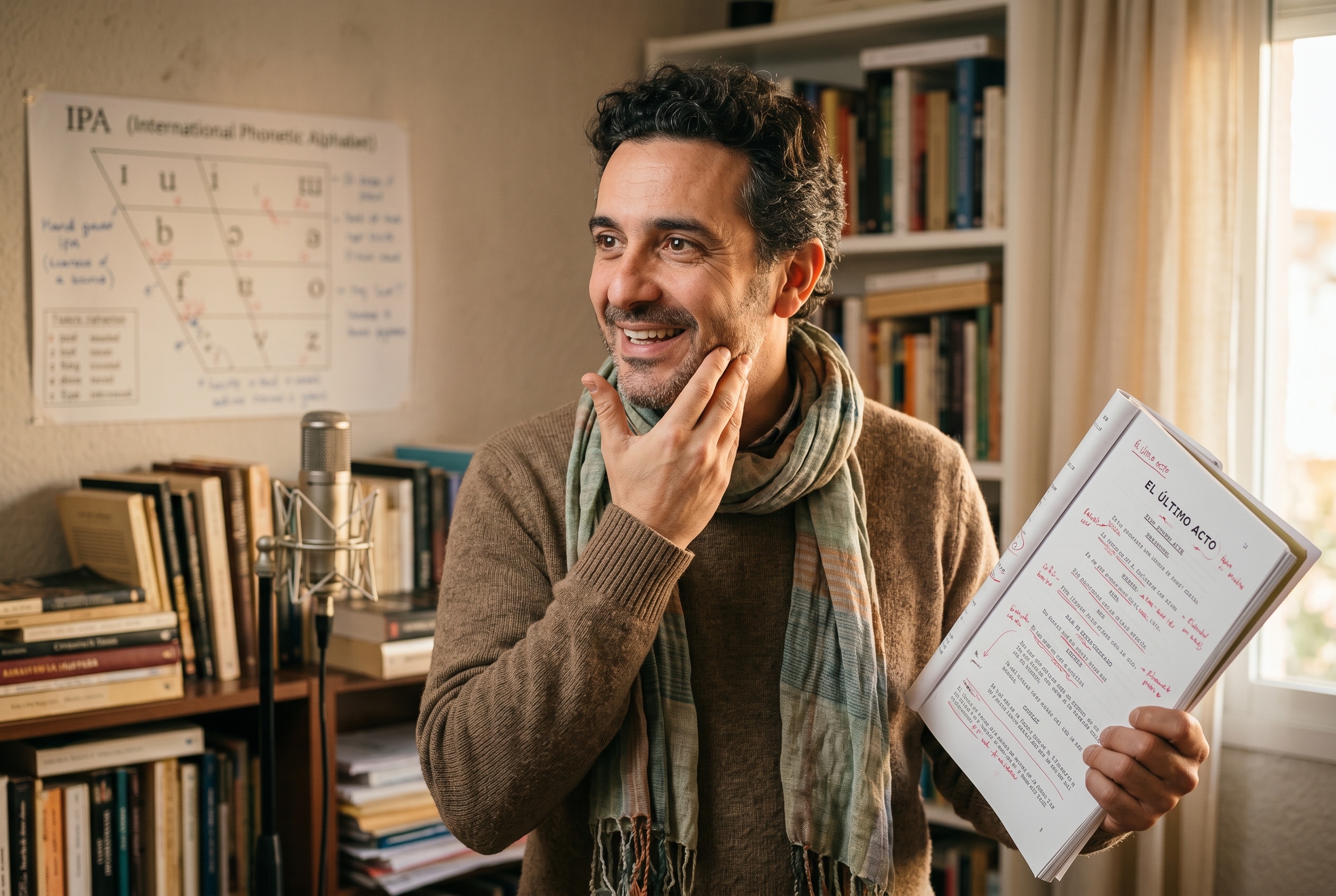 Spanish dialect coach working through a script with an actor