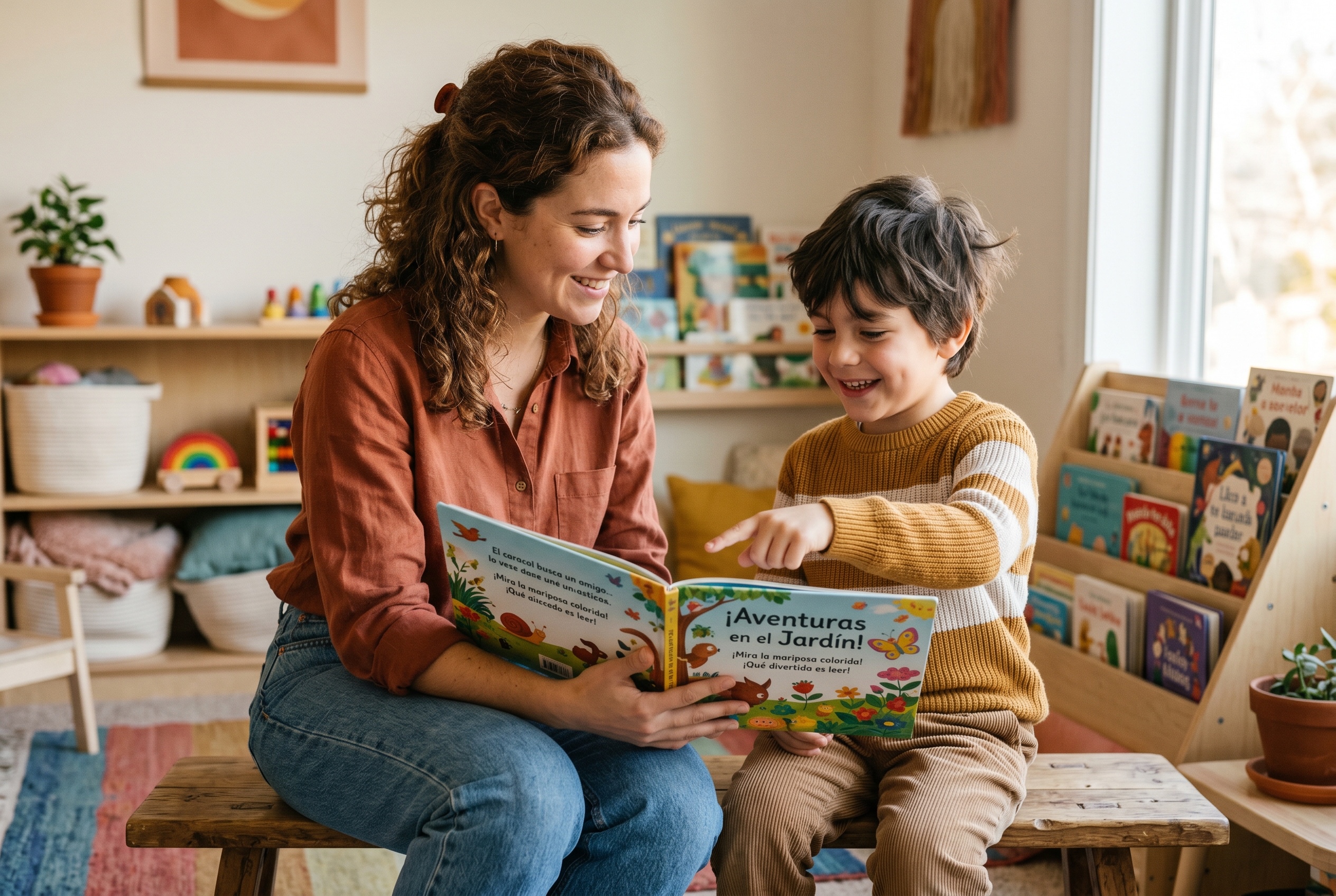 Spanish tutor reading a Spanish picture book with a young child from a heritage family during a lesson