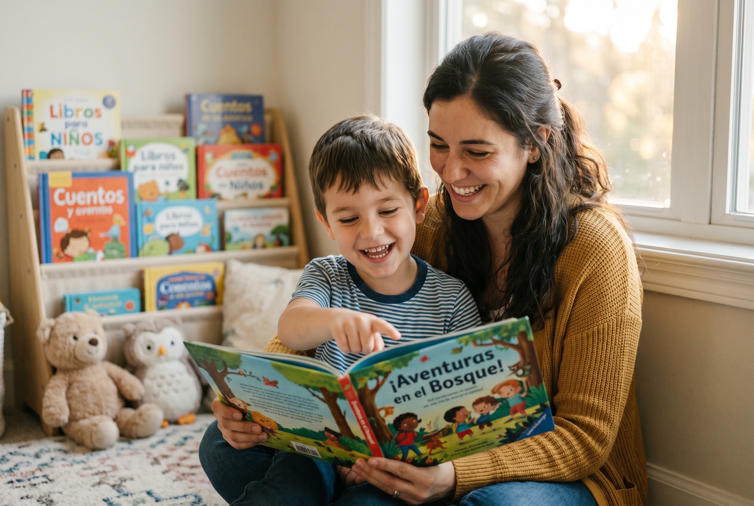 Spanish tutor reading a picture book with a young child during a lesson