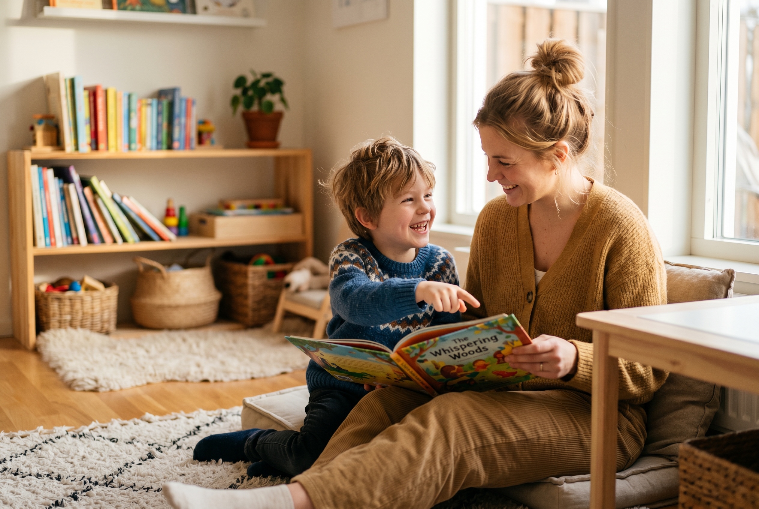 Swedish tutor reading an Astrid Lindgren picture book with a young child in a sunlit Scandinavian-style room — Strommen