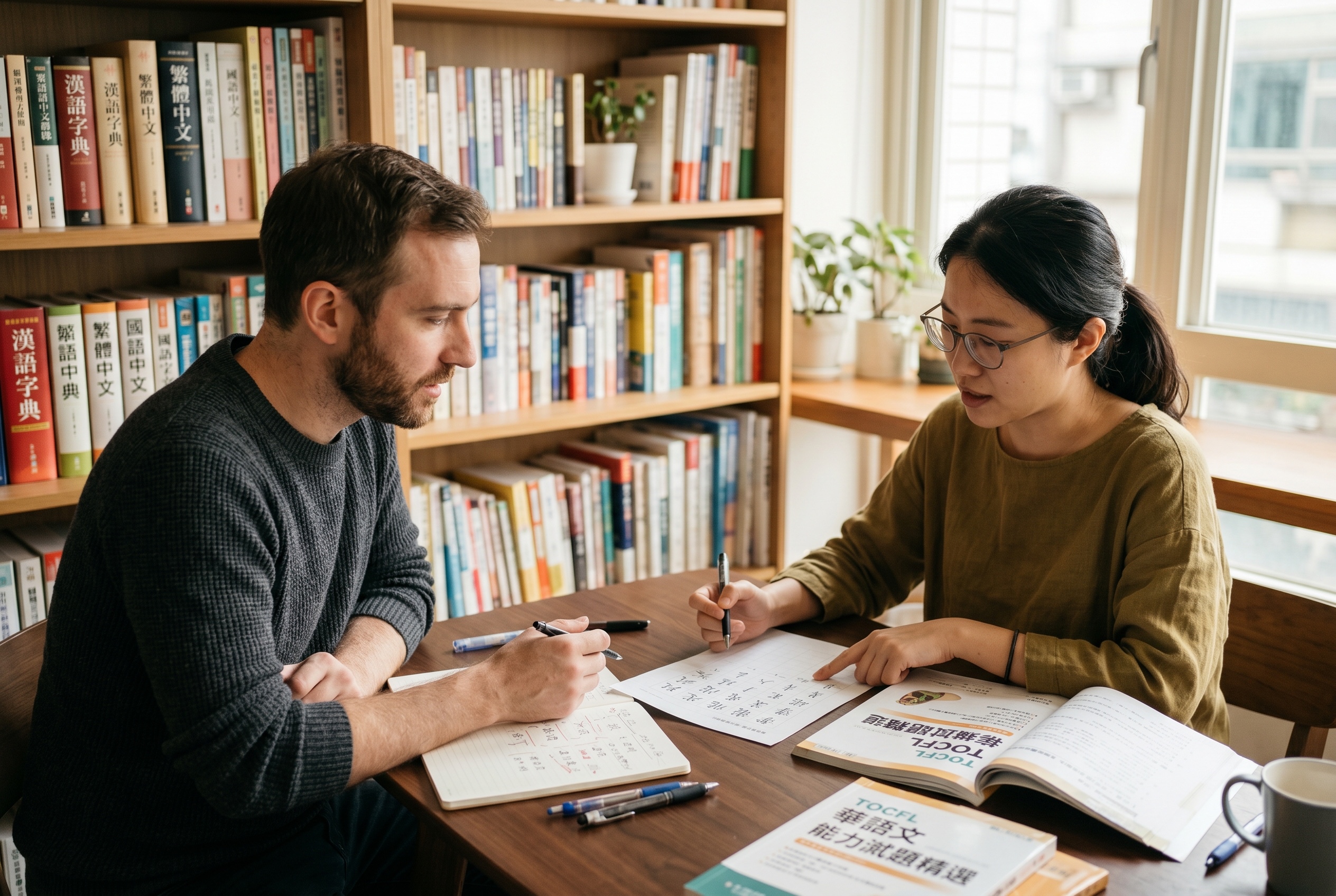 TOCFL prep tutor and adult student working through a traditional-character reading passage together — Strommen