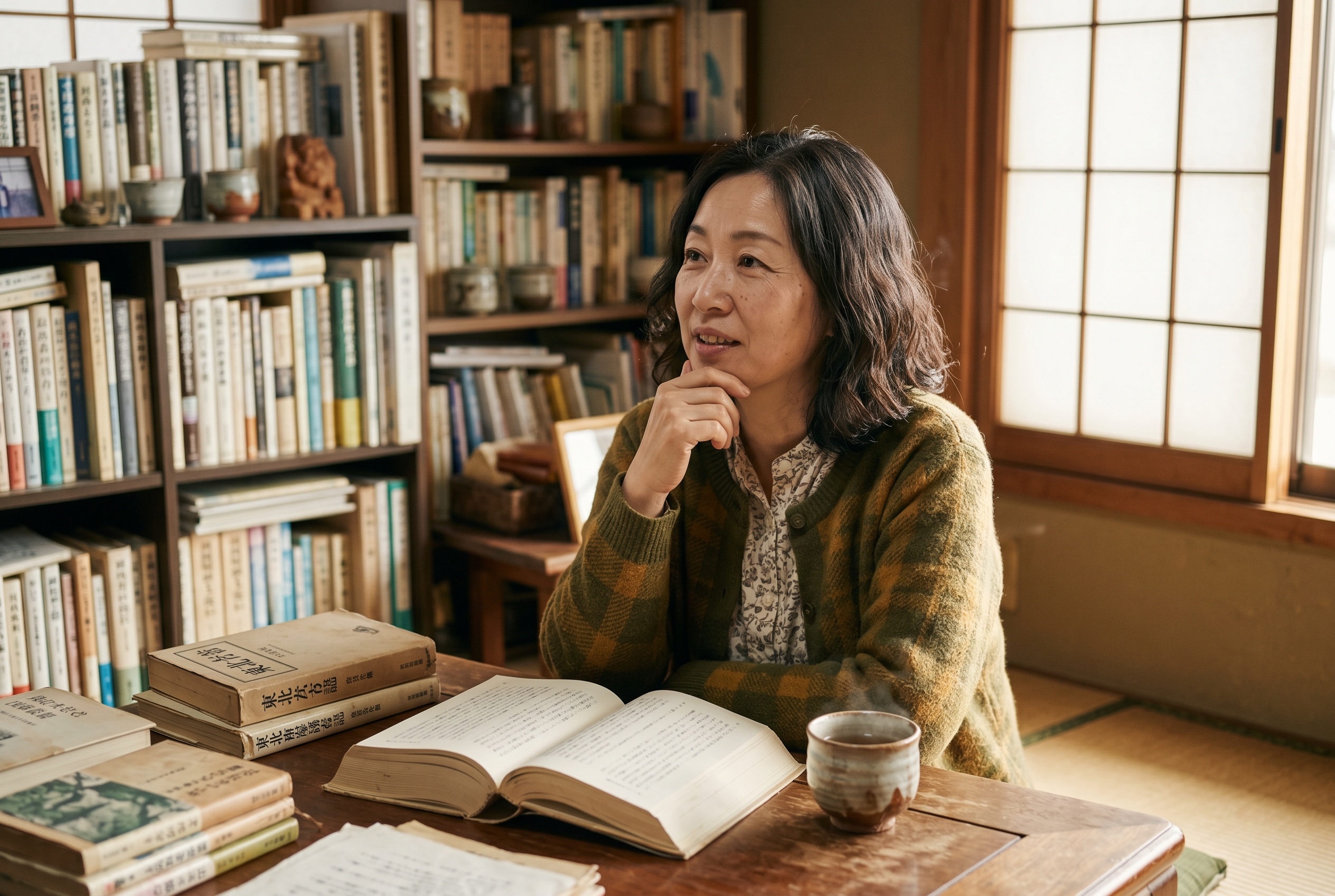 Tōhoku-ben tutor and adult student working through northeastern Japanese vocabulary at a warm wooden table — Strommen
