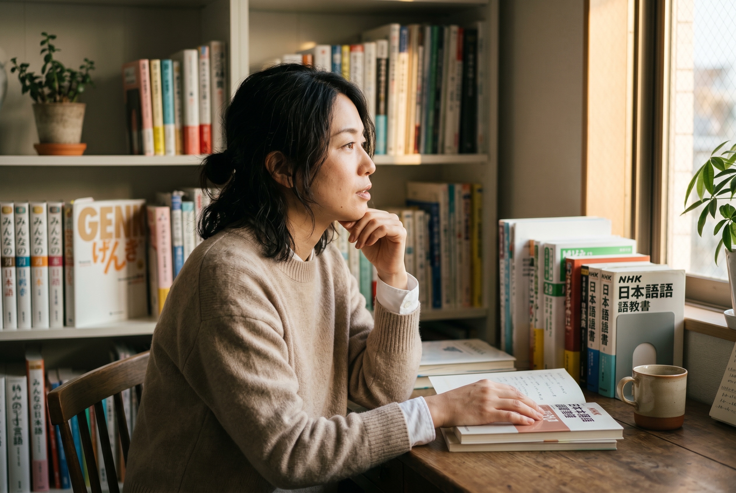 Hyōjungo tutor and adult student working through pitch accent precision on a sunlit study desk — Strommen