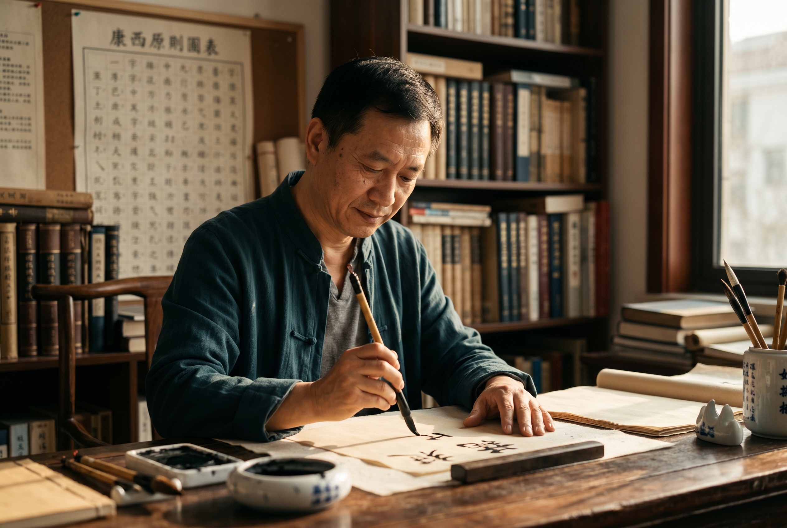 Traditional Chinese character tutor and adult student working through stroke order and component analysis at a study desk — Strommen