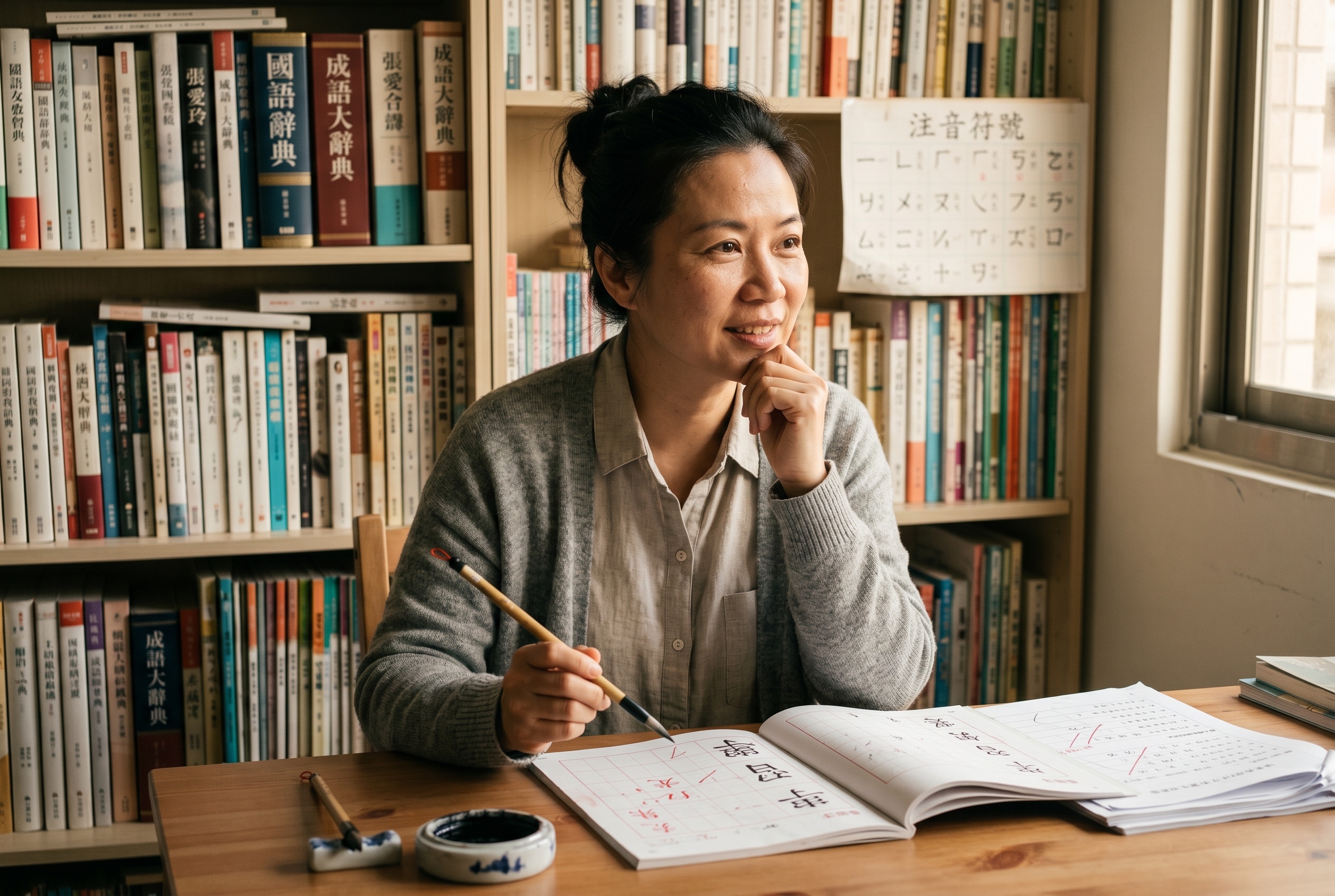 Traditional Chinese tutor and adult student working through character etymology on a sunlit study desk — Strommen