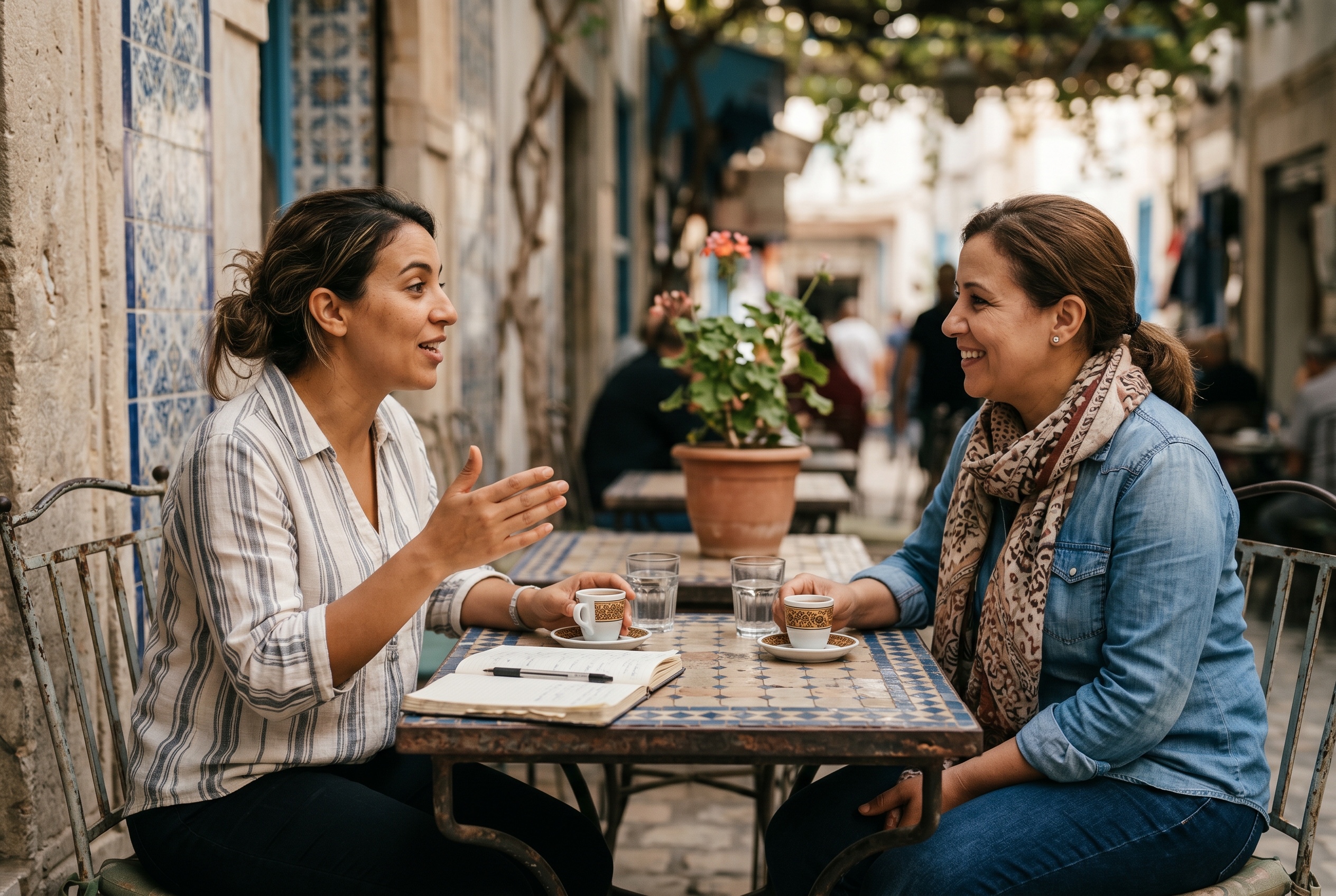 Tunisian Arabic tutor and adult student in conversation during a lesson — Strommen