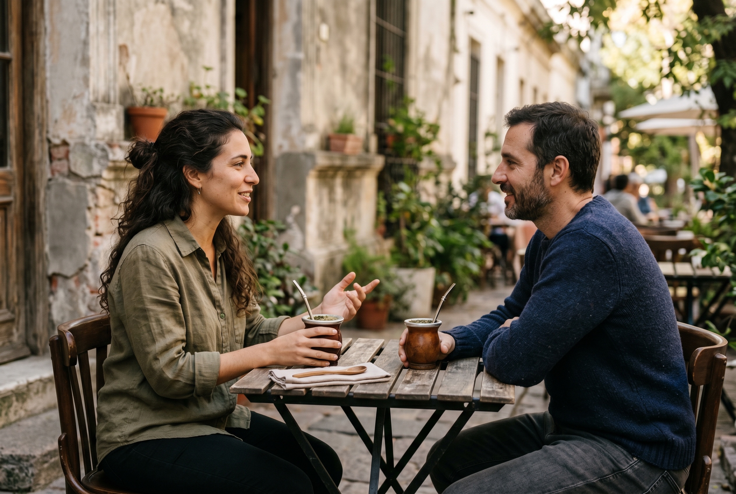 Uruguayan Spanish tutor and adult student in conversation in a Montevideo apartment with a yerba mate thermos and gourd on the table — Strommen
