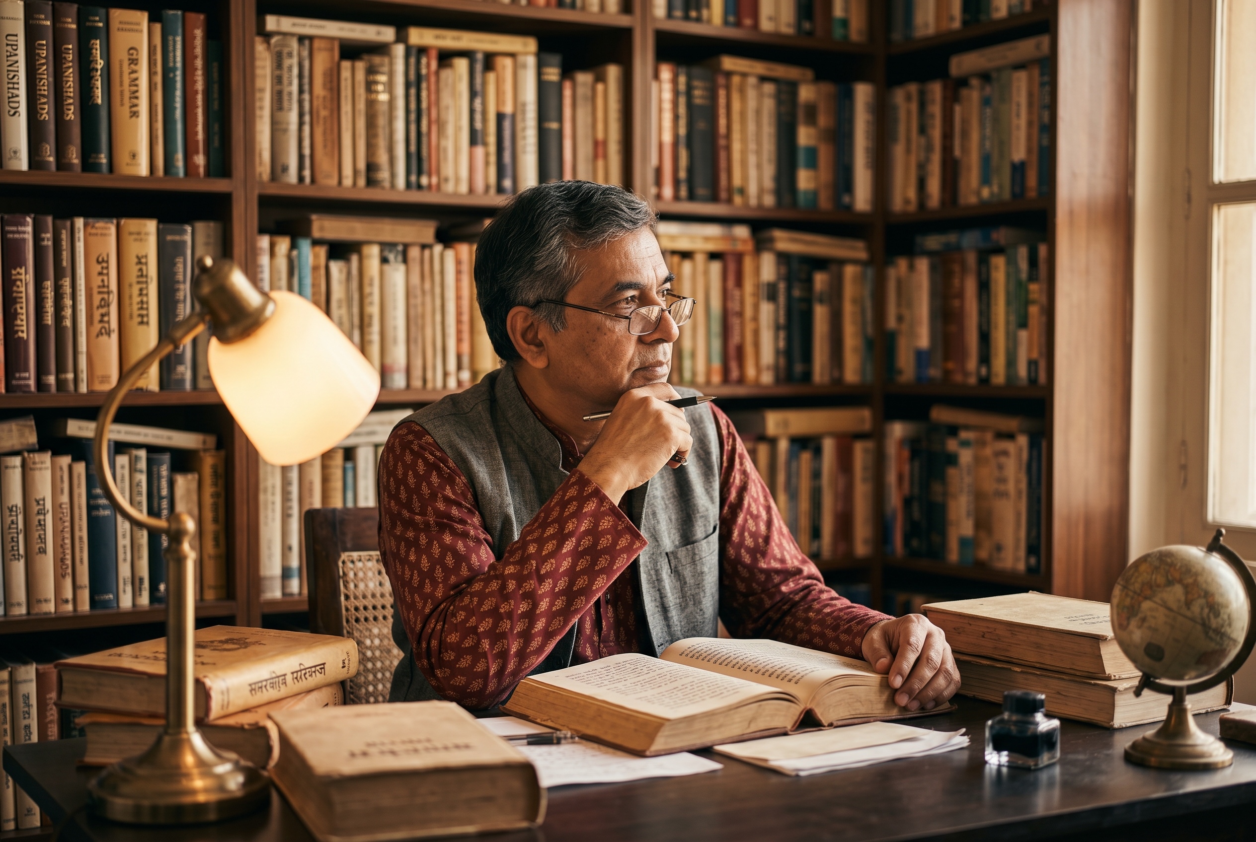 Vedic Sanskrit tutor and student reading an accented Rigveda text together — Strommen